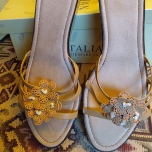 Italian Shoemakers Wedge Sandal w/Layered Flower Embellishment